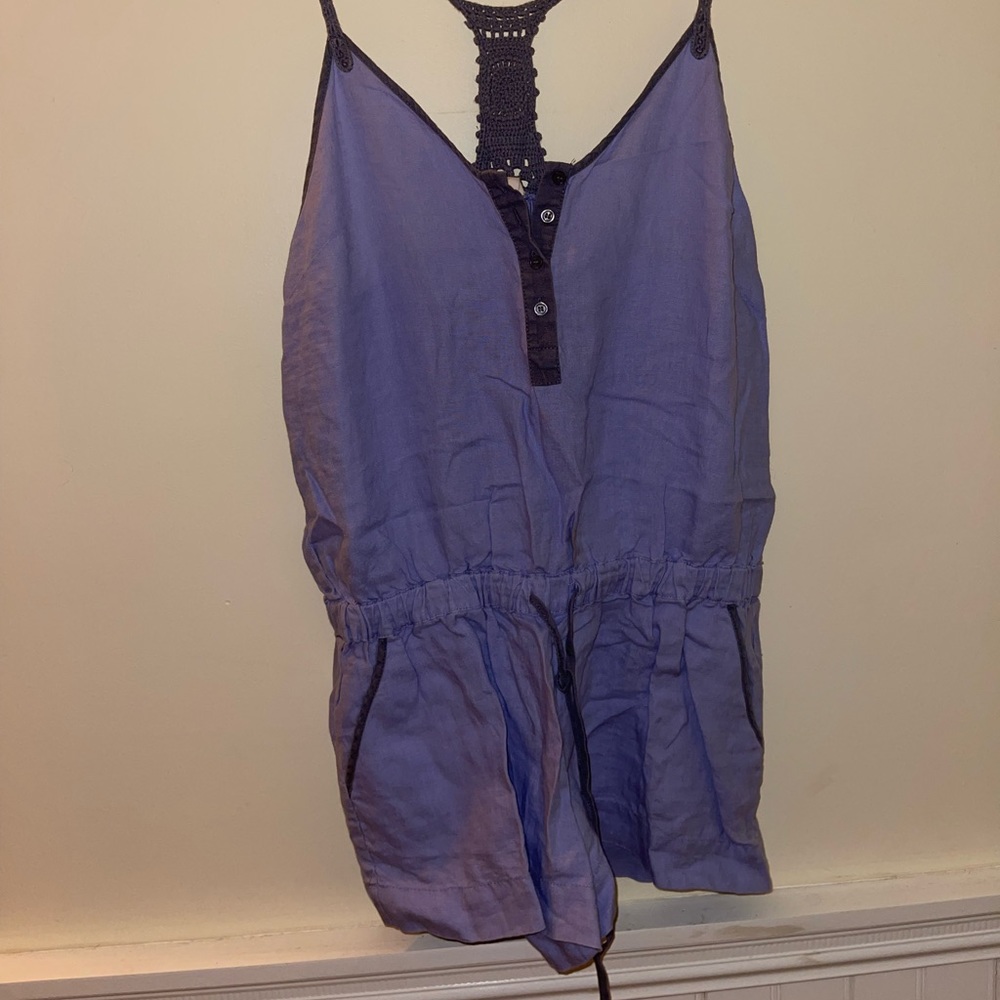 Lavender linen Romper with crochet racer back and pockets